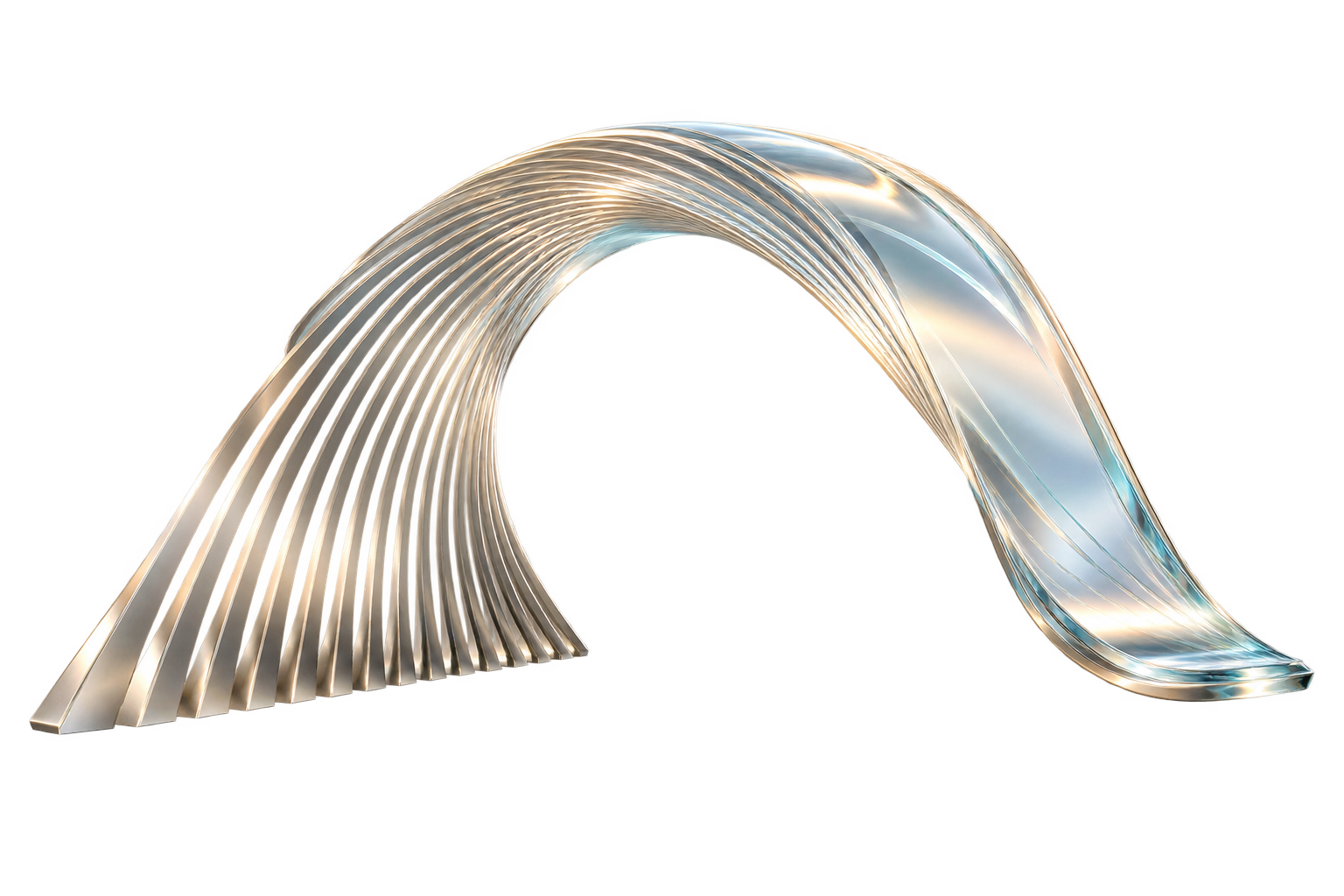 A flowing glass arch supported by precisely spaced metallic structural ribs.